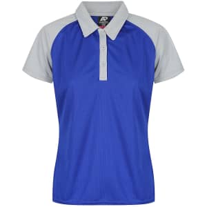 A blue polo shirt with grey accents and a collar, featuring a logo on the chest.