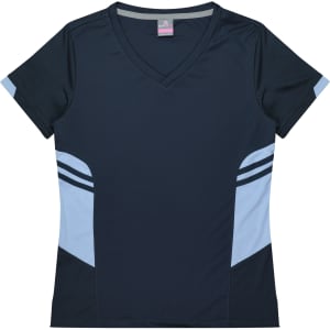 A navy and light blue v-neck t-shirt featuring contrasting side panels and a logo.