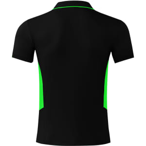A black polo shirt with green side panels, featuring a collar and short sleeves. It has a logo.