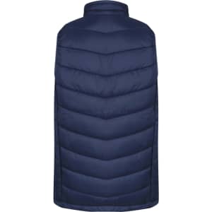 A navy blue puffy vest with a quilted design, featuring a high collar and no visible front opening.