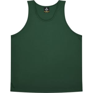 A green singlet with a round neckline, featuring a label with branding. The fabric appears smooth and casual.