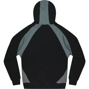 A hoodie in black and grey with a colour-block design and a hood. It features a logo on the front.