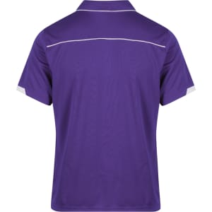 A purple polo shirt with a collar and white detailing on the shoulders. It features a logo on the chest area.
