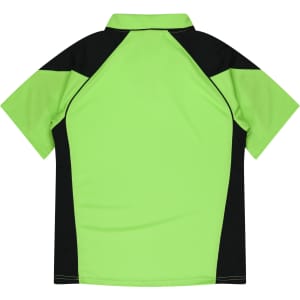 A polo shirt in bright green with black accents and a collar. It features a logo on the design.