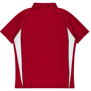 A red polo shirt featuring white side panels and a collar, displaying a logo on the back.