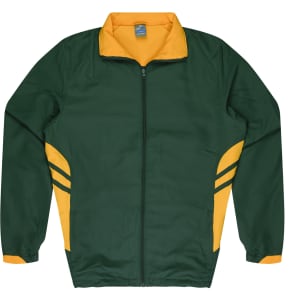 A green and yellow track jacket with a zip front and side stripes, featuring a collar and elastic cuffs.