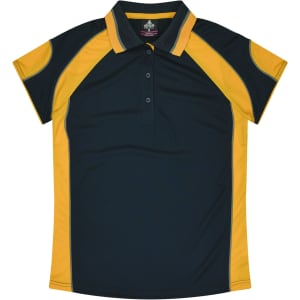 A dark green and yellow polo shirt with short sleeves and a collar. It features a logo or branding.