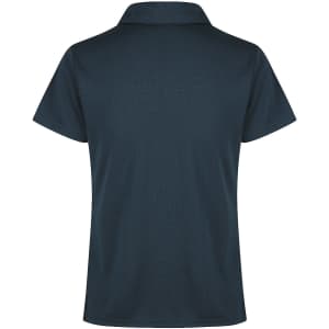 A dark green polo shirt with a classic collar and a back view, featuring a logo on the fabric.
