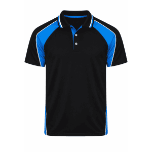 A black polo shirt with blue accents and a logo on the chest. Features a classic collar and button placket.