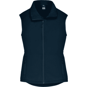 A sleeveless navy work vest with a high collar and zippered pockets, featuring a logo.
