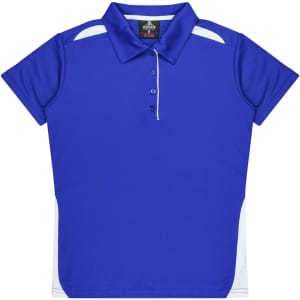 A blue polo shirt with white side panels and a collar, featuring a logo on the front.