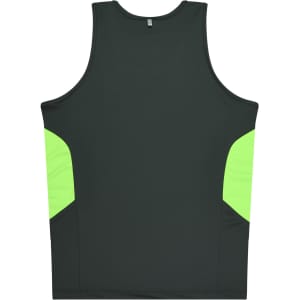 A dark green singlet with bright green side panels and a logo on the back.