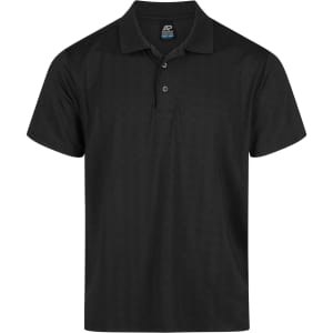 A black polo shirt featuring a classic collar and three buttons, with a subtle textured pattern.