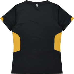 A black and yellow women's T-shirt with a fitted design and short sleeves. It features contrast panels on the sides.
