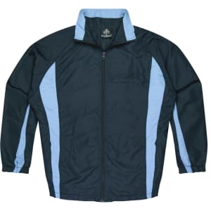 A dark green tracktop with light blue stripes and a zip front, featuring a collar and a logo.