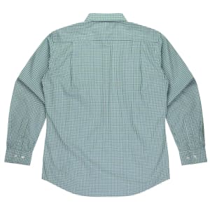 A long sleeve men's shirt in a green check pattern, featuring a button-up design and a collar.