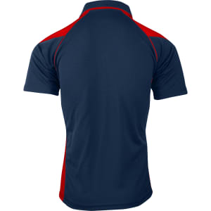 A polo shirt featuring a navy blue body with red accents on the shoulders and collar. It has a logo.