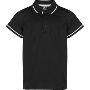A black polo shirt for kids featuring a collar and short sleeves, with contrasting white trim and a logo.