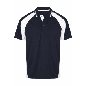 A navy and white polo shirt featuring a sporty design and a logo on the chest area.