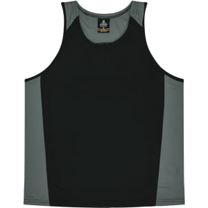 A black singlet with grey side panels, featuring a logo on the label area.