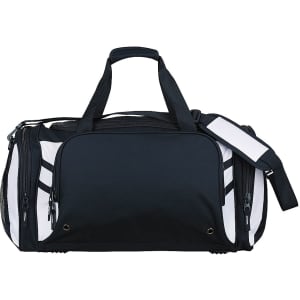 A black and white duffle bag with a shoulder strap, side mesh pockets, and front zip closure, featuring a logo.