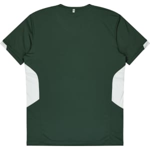 A dark green kids' T-shirt with white panels on the sides, featuring a logo on the back.
