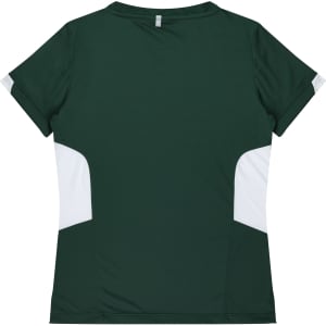 A green women's t-shirt featuring white side panels and a logo on the back.