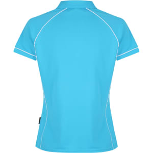 A blue polo shirt with contrast piping and a logo, featuring a stylish, fitted back design.