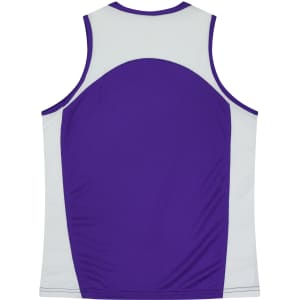 A sleeveless purple and light grey singlet featuring a logo on the back.