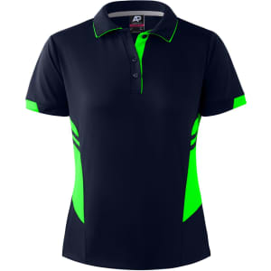 A navy polo shirt with vibrant green accents and a logo, featuring a classic collar and buttons.