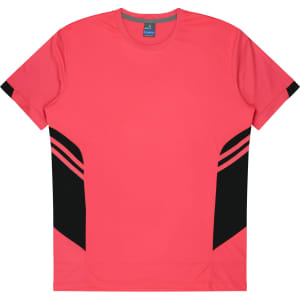 A coral red t-shirt with black accent stripes on the sides and a logo on the neckline.