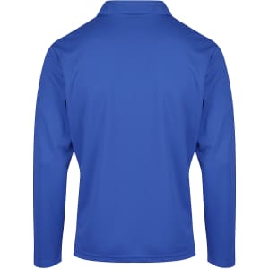A blue long-sleeve polo shirt with a collar, featuring a branding logo on the back.