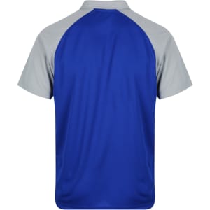 A polo shirt featuring a blue back and grey sleeves, with a logo on the design.