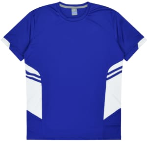A blue t-shirt featuring white accents and a logo, designed for kids.