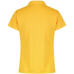 A yellow polo shirt with a collared neck and short sleeves, featuring a logo on the front.
