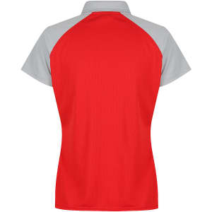 A red and grey polo shirt featuring a sporty design and a branding logo on the back.