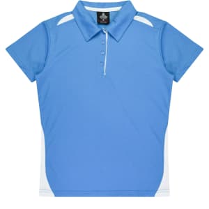 A blue polo shirt with white accents and a collar, featuring a logo on the label.