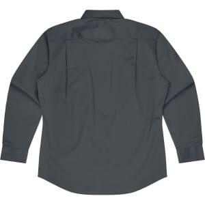 A long sleeve button-up shirt in a dark grey colour with a plain back and a collar. Features a logo.