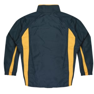 A green and yellow tracktop with a high collar, featuring a logo on the back.