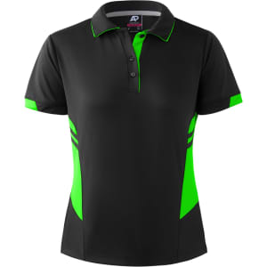 A black polo shirt with bright green accents and a logo, featuring a classic collar and button placket.