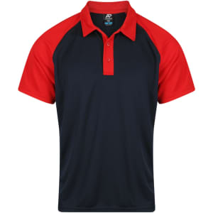 A navy and red polo shirt featuring a collar and short sleeves, with a logo on the upper neck area.