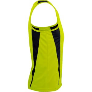A yellow and black men's singlet with a sporty design and a logo on the fabric.