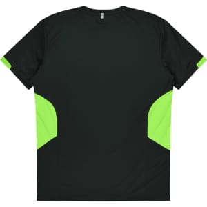 A black T-shirt with vibrant green side panels and a logo. The back is plain and features a round neckline.