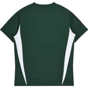 A green t-shirt with white side panels and a logo on the back.