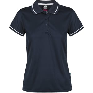 A navy blue women's polo shirt with a white-striped collar and button placket. It has a logo on the label.