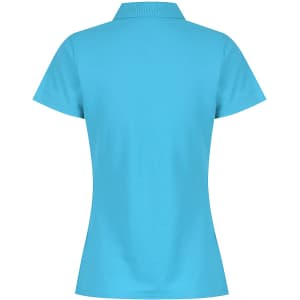 A turquoise polo shirt featuring a classic collar and short sleeves, with a brand logo on the back.