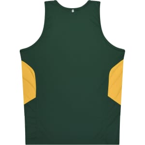 A green singlet with yellow side panels and a logo on the back. Suitable for casual or active wear.