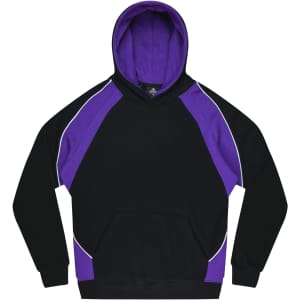 A black hoodie featuring purple accents and a kangaroo pocket. It has a hood and includes a logo.