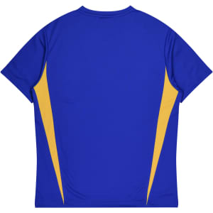 A blue T-shirt with yellow accents on the sides, featuring a brand logo.