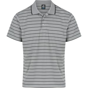 A grey striped polo shirt featuring a collar and short sleeves, with a logo on the label.
